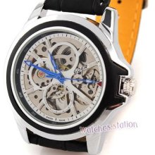Unique Silver Skeleton Dial Mens Auto Self Winding Mechanical Watch Leather