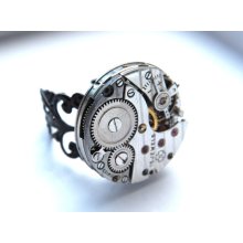Unique Steampunk Gears Vintage Watch Movement Decorative Black Ring - Pin Stripe