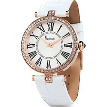 Vendome Ladies' Rosetone Crystal Bezel White Leather Strap Watch