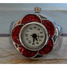 Very Cute Silver Finger Watch Ring with Red Flower and White Face
