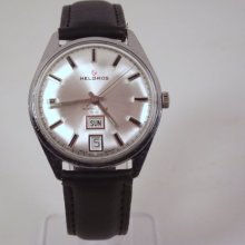 Vintage 1970s Helbros W German Made 17 Jewel Manual Wind Retro Style Men's Watch W/Sweep Second Hand Day & Date Window VGC