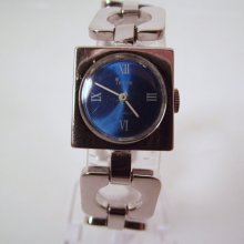 Vintage 1970s Trifari 17 Jewel Wind Up Retro Style Women's Ladies Watch in Blue with Silver Bracelet Band