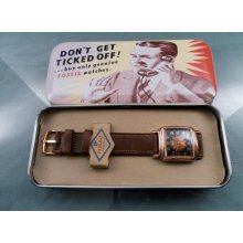 Vintage 1991 Fossil Art Deco Replica Styled Rose Gold Case, Blk & Coppertone Dial. Preworn Nice Condition in Tin Box. New Battery - Tm 7269
