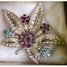 Vintage Brooch Stone Studded Leaves & Colored Flowers