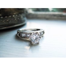 Vintage Classic Engagement Ring, Promise, Purity with 6mm Cubic Zirconia Stone in Silver- Size 5.5