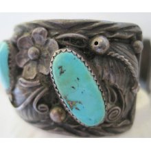Vintage Estate Jameson Lee Navajo Indian Silver & Turquoise Watch Bracelet Cuff