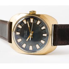 Vintage men's wristwatch Poljot gold plated watch black face watch Soviet