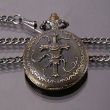 Vintage Retro Bronze Style Cross & Jesus Case Quartz Pocket Watch + Chain