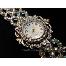 Vintage Swarovski Aurora Borealis AB Crystal Lace Silver Watch Bracel