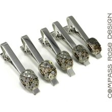 Wedding Tie Clip Set - Mens Gift - Mechanical Watch Movement Tie Clip - Swiss - Silver Tie Bar - Set of 5