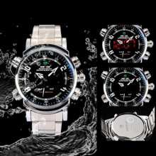 Weide Mens Black Large Dial Dual Time Display Led Quartz Wrist Watch