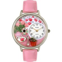 Whimsical Watches Mid-Size Japanese Quartz Tea & Roses Pink Leather Strap Watch