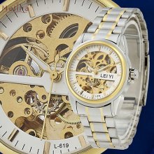 White Dial Mechanical Skeleton Automatic Stainless Steel Mens Unisex Wrist Watch