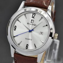 White Face Brown Leather Strap Quartz Calendar Men Wrist Watch Round Analog