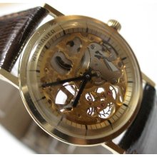 Wittnauer Mens 10K Gold Fully Skeletonized Swiss 17Jwl Watch w/ New Lizard Strap