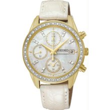 Women's Chronograph Gold Tone Stainless Steel Case Mother of Pearl Dial Leather