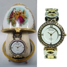 Women's Vecceli Italy Watch Gold Decorated Egg Stainless Steel Diamond Accents f