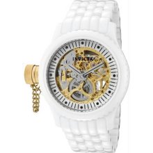 Women's White Ceramic Russian Diver Gold Tone Skeleton Dial