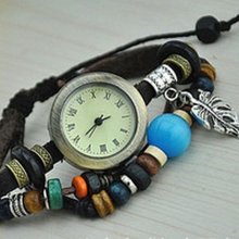 Wrap a Round Retro Beaded Lady Fashion Genuine Leather Quartz Wrist Watch - Aqua - Retro Alloy - Adjustable