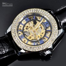 10pcs Men Automatic Mechanical Watch Golden Face Diamond Around Blin
