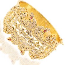 18K Yellow Solid Gold Womens Diamond Bangle Bracelet with Rubies 8.70 Ctw