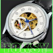 1pcs 2012 Luxury Leather Black Skeleton Mechanical Mens Watch 01-006