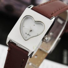 2013's Lady Heart-shaped Dress Wrist Watch Quartz Silver Square Women Brown Band
