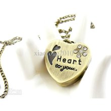 28pcs Quartz Antique Bronze Rhinestone Heart Pocket Watch Necklace C