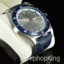 3 Hand Hour Clock Day Date Blue Designer Leather Band Hip Hop Fashion Piece