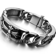 316l Stainless Steel Bangle Bracelet Chain Men Heavy Biker Silver Cross Us390146