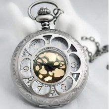 45mm Retro Style Petal Chain Pendant Necklace Quartz Pocket Watch Xmas Gift L40