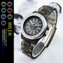 7 Flash Led Backlight Quartz Women Girls Wrist Watch Rare Black Shining Crystal