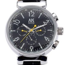 Ak-homme Mens Black Leather Yellow Hands Automatic Mechanical Wrist Watch Ak065