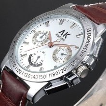 Ak-homme White Dial Mens Quartz Dark Brown Leather Strap Wrist Watch