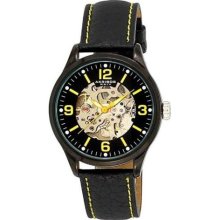 Akribos XXIV Men's AK494YL Skeleton Automatic Black Leather Strap ...