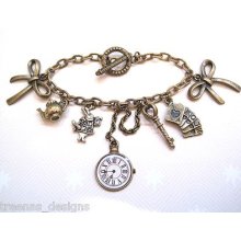 Alice In Wonderland Charm Bracelet Pocket Watch Key White Rabbit Bow Gift Bag