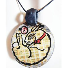 Alice in Wonderland Pendant, White Rabbit with pocket watch down the rabbit hole porcelain pendant with original artwork