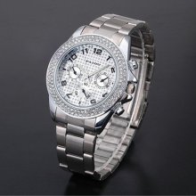 Amazing Fashion Mens Crystal Case Steel Band Quartz Bracelet Wrist Watch