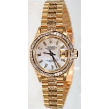 Amazing Rolex President Ladies, 18K Yellow Gold with Custom: Mother of Pearl Baguette Diamond Dial, Diamond Bezel, and Fabulous Diamond Band!