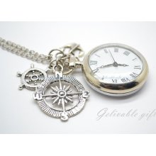 Anime One piece pocket watch necklace,Pirate compass,anchor and rudder wheel pendant locket watch necklace NWHZ03