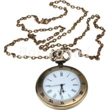 Antique Bronze Roman Numerals Chain Necklace Pendant Quartz Pocket Watch Gift