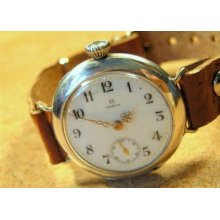 Antique Omega Gents Wrist Watch, Silver Case 0.875, Porcelain Dial, Ca1915