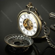 Antique Steampunk Bronze Roman-numerals Stainless Steel Mechanical Pocket Watch