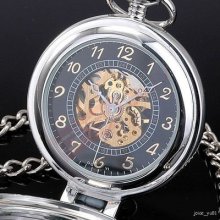 Antique Style Silver Mechanical Men's Pocket Watch + Chain + Gift Box
