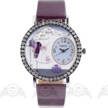 Antique Swarovski Ring Sweet Girl Purple Dress Quartz Crystal Wrist Watch St90