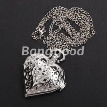 Antique Women Silver Heart Shape Pandent Quartz Pocket Watch Necklace Chain