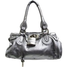 Authentic Chloe Silver Leather Paddington Satchel Handbag Excellent