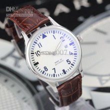 Automatic Pilot Watch Brown Leather Band Silver Case White Dial Iw28