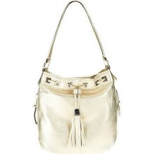 B. Makowsky Glove Leather Drawstring Bucket Hobo with Side - Champagne - One Size