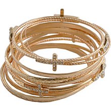 Barse Goldtone Pave Crystal Cross Bangle Set - Silvertone/Crystal